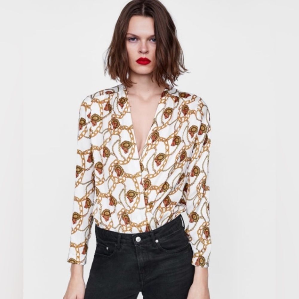 Zara Satin Draped Chain Print Bodysuit in Off White, Size Large